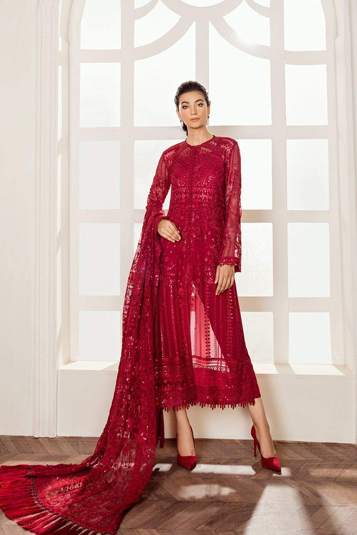 Baroque Luxury Embroidered Chiffon 3 Piece Suit Red Velvet