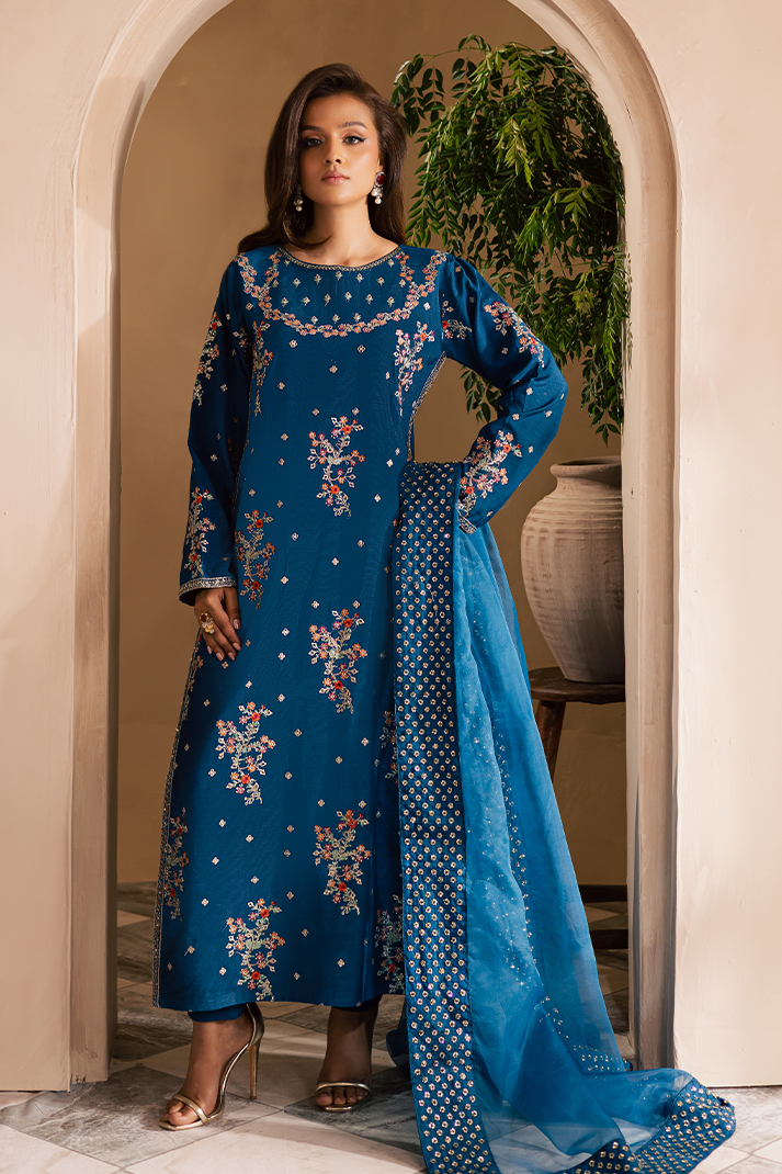 Emaan Adeel Celine Luxury Pret Embroidered Raw Silk 3pc Suit Shabnam