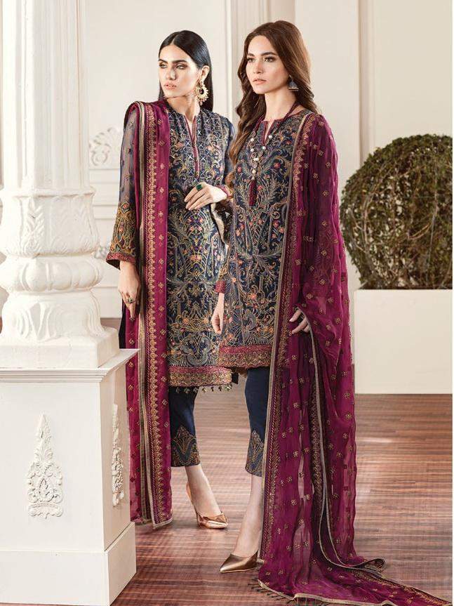 Baroque Chantelle Embroidered Chiffon 3 Piece Suit Bqc 01 Rouge Navy