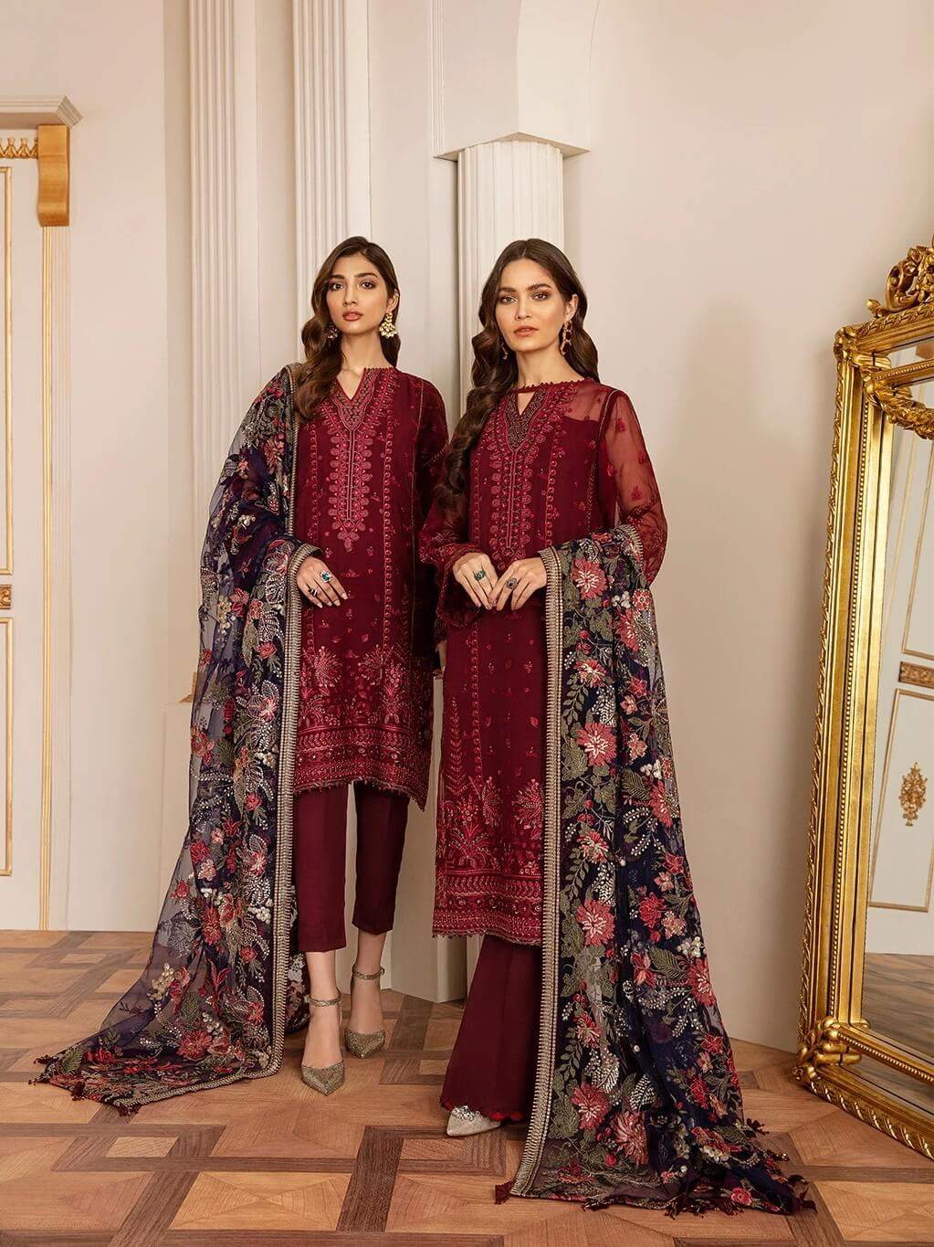 Baroque Chantelle Embroidered Chiffon 2020 3 Piece Suit D 06 Fire Stone