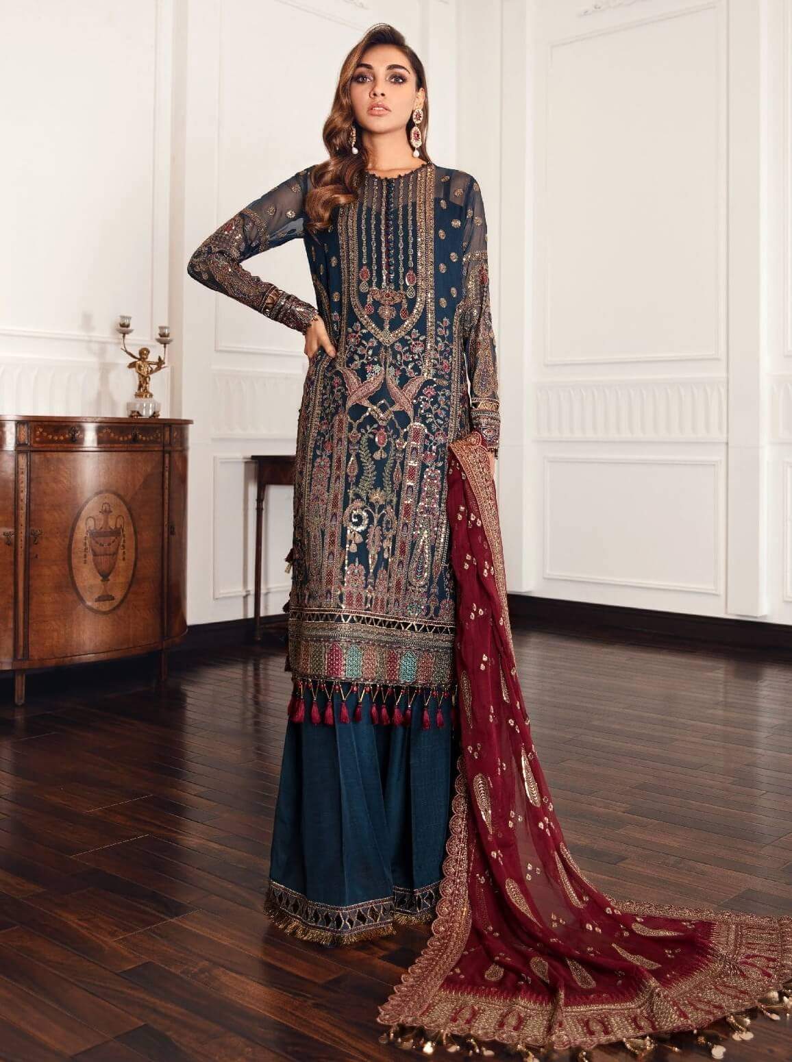 Jazmin Festive Chiffon Unstitched 3 Piece Embroidered Suit D 02 Palais