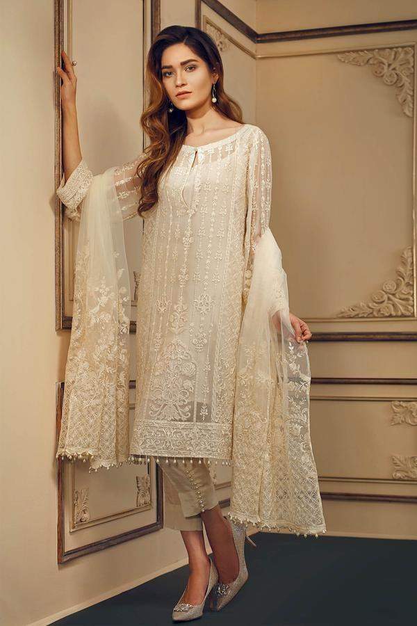 Baroque Chantelle Embroidered Chiffon 3 Piece Suit Bq 09 Pearl Luster