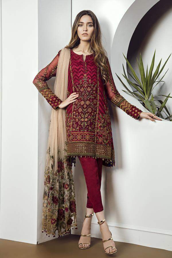 Baroque Chantelle Embroidered Chiffon 3 Piece Suit D 05 Cherry Rose